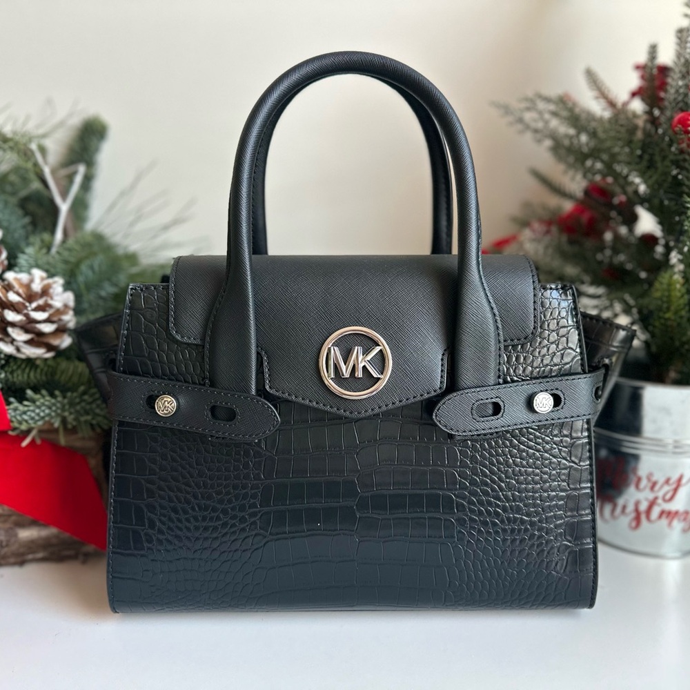 Michael Kors Crocodile Embossed Medium Flap Satchel Crossbody Black